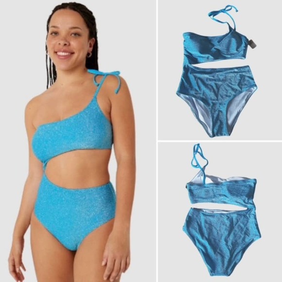 PINK Victoria's Secret Shimmer One Shoulder One-Piece Swimsuit Blue, NWT- Size L - Picture 1 of 8